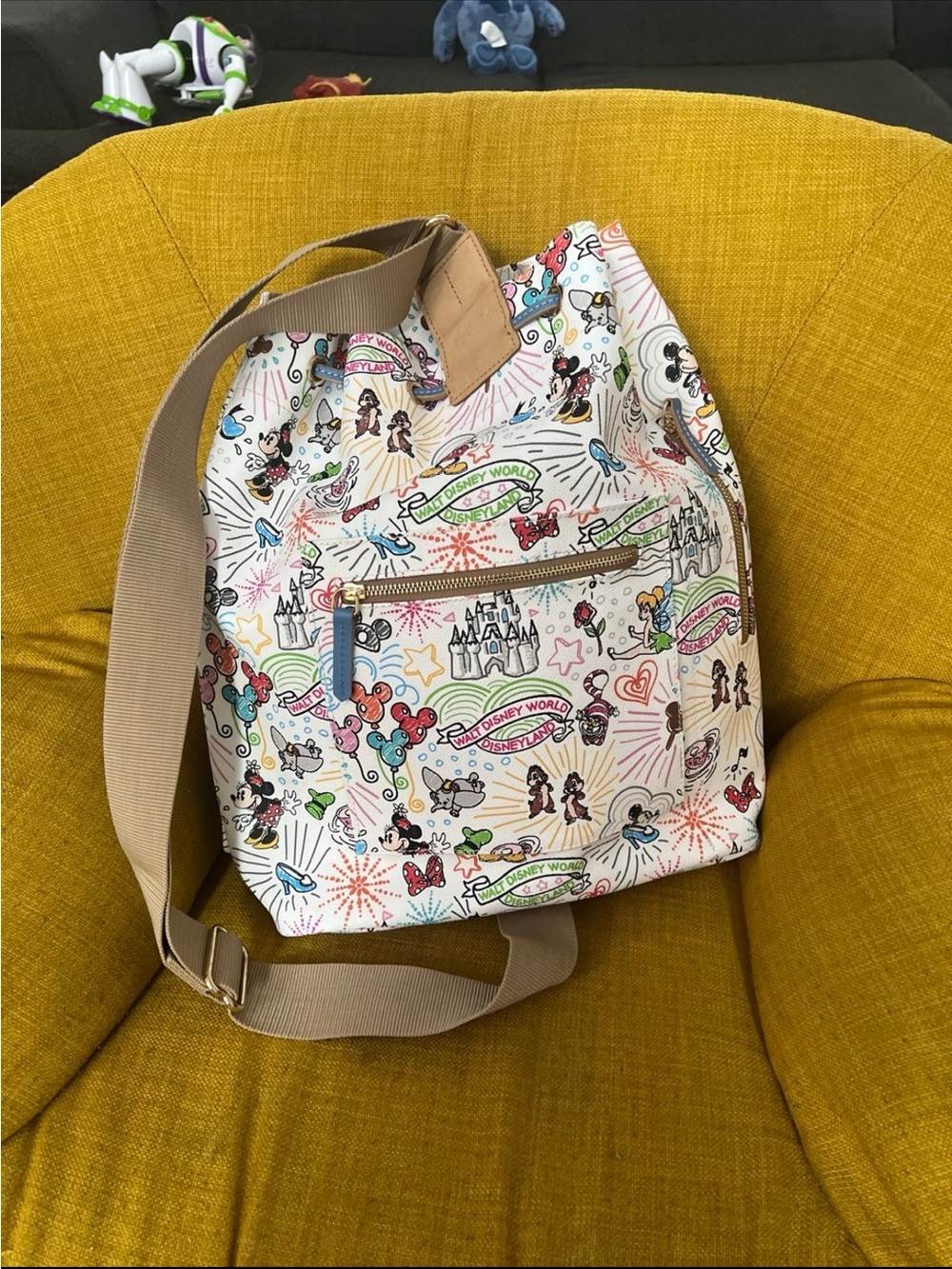 Disney-Print Canvas Bucket Bag in White and Multicolor